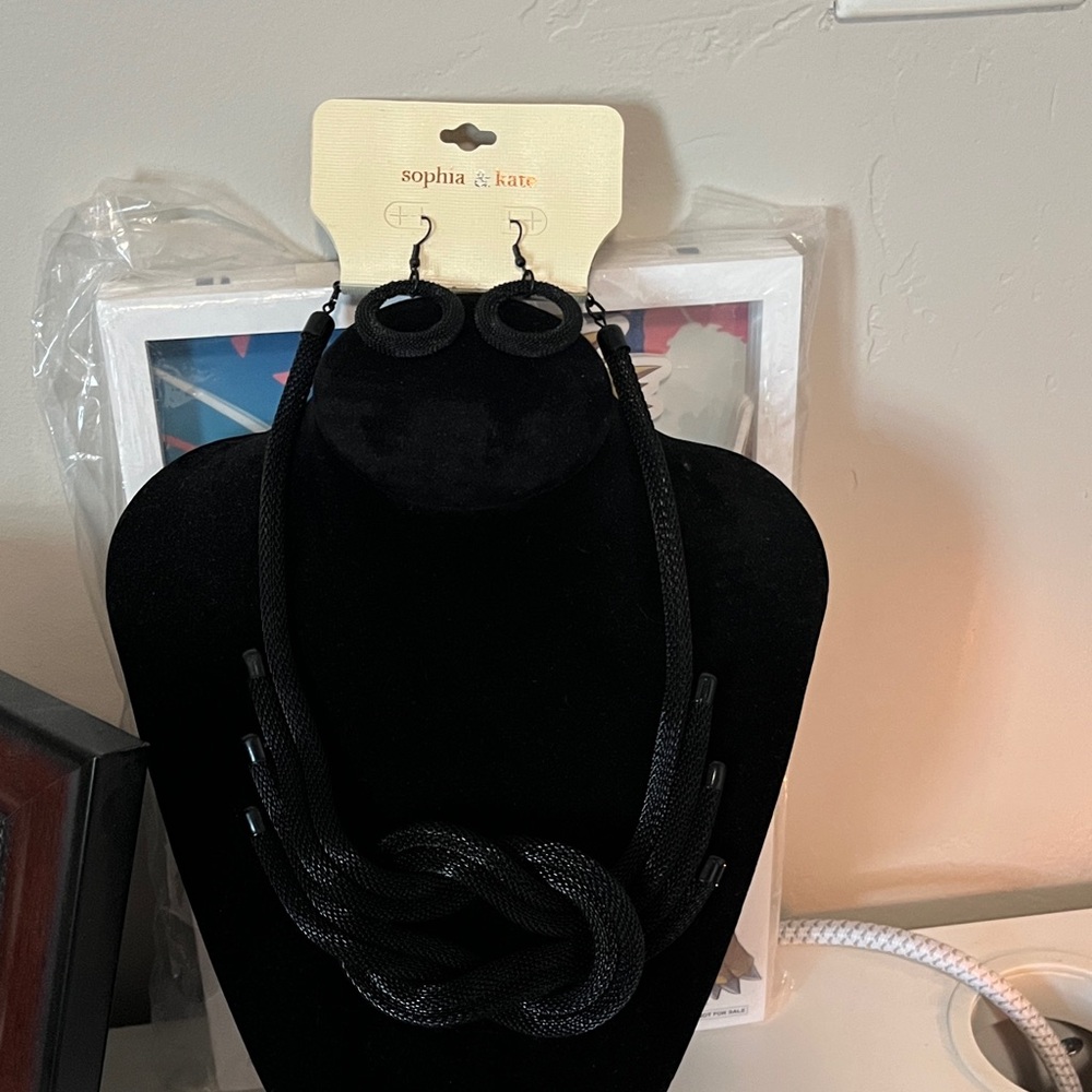 Black Knotted Statement Necklace and Earring Set